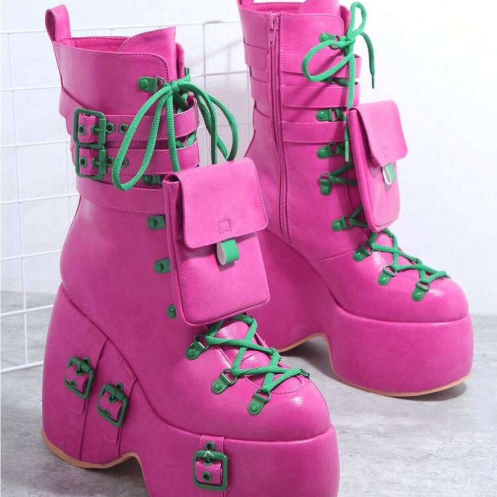 Faux Leather Lace Up Lug Sole Go-Go Boots